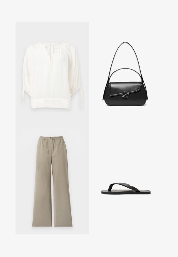 Hvid løs bluse med 3/4 puffede ærmer, rund halsudskæring med bindesløjfe og rynkede detaljer ved skuldre og manchetter.; Beige bukser med vide ben, elastisk taljebånd og knaplukning, glat stof, detalje med front-søm, mod en hvid baggrund.; Sort flip-flop sandal med flad sål, tekstureret sort indersål, glatte stropper og en lille gul accent nær tåposten.; Sort skuldertaske i læder med en buet klap, der er fastgjort med en rund metal spænde, og en slank, justerbar rem.
