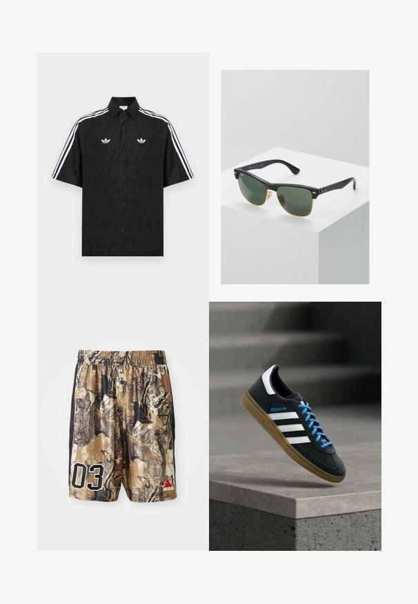 Chemise noire à manches courtes avec un motif subtil de flammes, logos trefoil Adidas blancs sur la poitrine et triples bandes blanches sur les manches.; Shorts camouflés avec une taille élastique, présentant un mélange de marrons et de noirs, un grand "03" en blanc et un logo Adidas en rouge.; Baskets Adidas noires avec des rayures blanches, des lacets bleus et une semelle en gomme flottant au-dessus d'une marche en béton grise sous une lumière douce.; Lunettes de soleil Ray-Ban avec des verres verts, monture en plastique noir et accents dorés sur les bords. Forme carrée avec une finition mate.