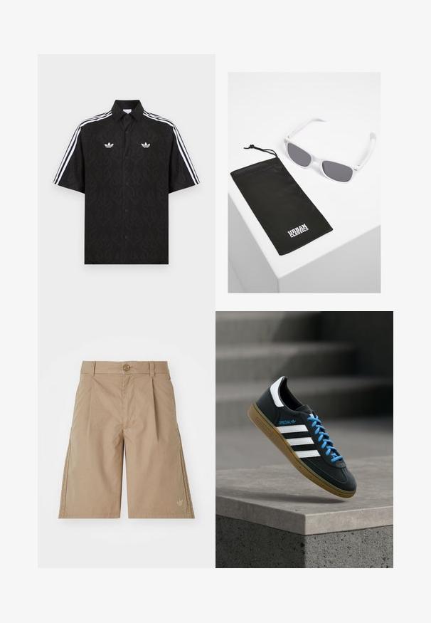 Camisa negra de manga corta con botones y un sutil patrón de llamas, logotipos blancos de trébol de Adidas en el pecho y tres franjas blancas en las mangas.; Bermudas de algodón beige con corte recto, pliegues frontales y cierre de botón único. Presentan un sutil logo en la parte inferior izquierda.; Zapatilla negra Adidas con franjas blancas, cordones azules y suela de goma flotando sobre un escalón de hormigón gris con luz suave.; Gafas de sol de plástico blanco con lentes grises, junto a un estuche de tela negra que presenta un logotipo en letras en negrita de "URBAN CLASSICS" en blanco.