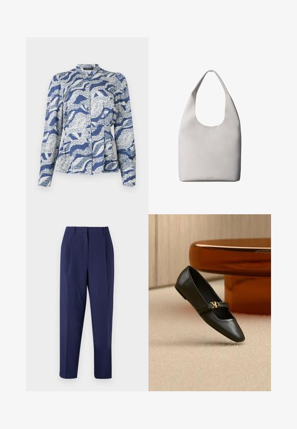 Blouse bleue avec un motif de vagues blanches, dotée d'une fermeture à boutons, d'un col arrondi et de manches longues. Fabriquée en tissu texturé.; Pantalon marine au design ajusté. Doté de plis avant, d'une texture lisse et d'une coupe droite. Pas de poches visibles ni d'ornements.; Chaussure plate en cuir noir avec bout pointu et logo CK doré sur la bride, posée sur un tapis beige près d'une table ronde couleur ambre brun.; Sac fourre-tout en cuir blanc avec une bandoulière unique, texture douce et logo discret Calvin Klein près du centre en bas.