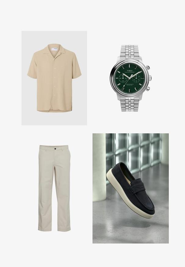 Camisa de manga corta beige con cierre de botones en la parte delantera, tejido texturizado y cuello clásico. Cuenta con cinco botones y aberturas laterales en el dobladillo.; Pantalones de algodón beige con diseño de pierna recta, bolsillos delanteros y cierre de un solo botón. Textura suave y detalles mínimos de costuras.; Zapato tipo mocasín de ante negro con suela blanca flotando sobre un suelo pulido de color gris claro, con una pared de bloques de vidrio y una columna blanca en el fondo.; Reloj cronógrafo Timex Waterbury con esfera verde, caja de acero inoxidable plateado y pulsera de metal vinculada. Resistente al agua hasta 50 m.