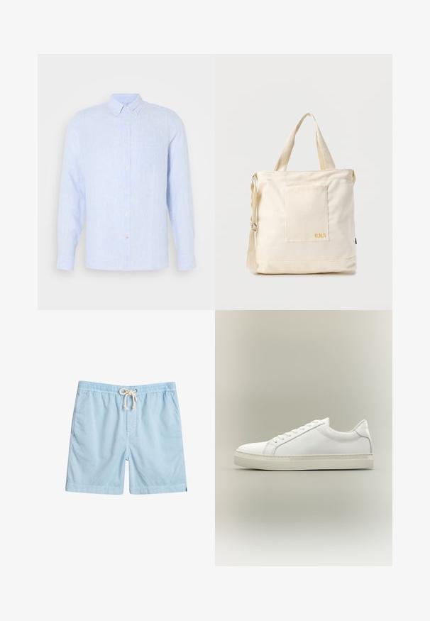 Camisa de botón azul claro hecha de tela texturizada, con cuello, mangas largas, un bolsillo en el pecho y un sutil patrón de rayas.; Bañador azul claro de tejido suave, con cintura elástica, bolsillos frontales y cordón de ajuste para mayor comodidad.; Zapatilla blanca de perfil bajo con cordones en la parte delantera y suela gruesa, mostrada de lado sobre un fondo neutro.; Bolsa tote de lona color crema con bolsillo delantero, dos asas, correa de hombro ajustable y pequeño texto amarillo "O.N.S" en la parte inferior derecha del bolsillo.