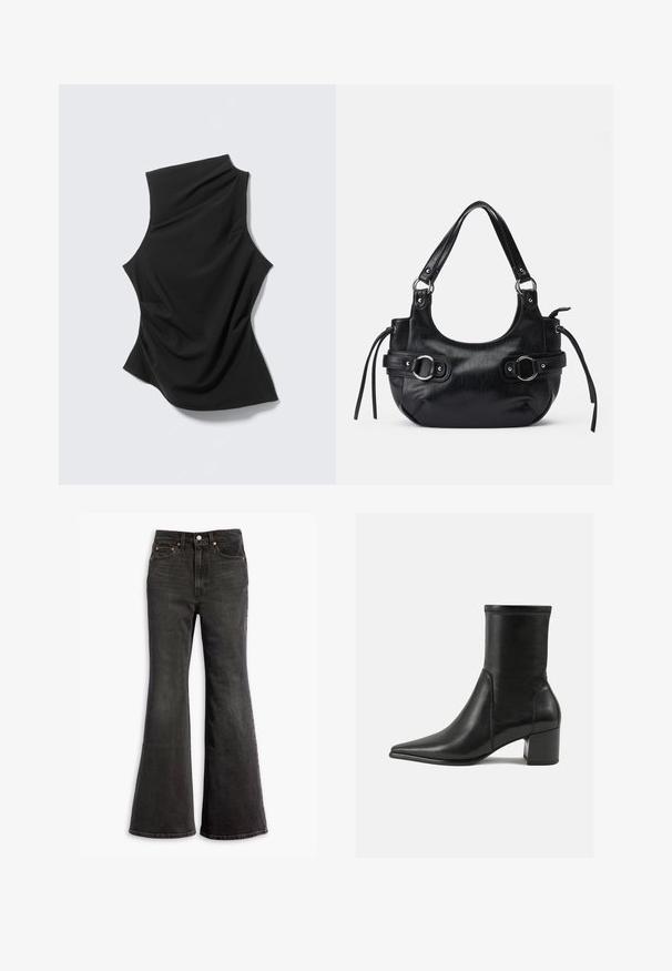 Zwarte mouwloze top met asymmetrische hoge hals en gedrapeerde stof, plat gelegd op een lichte achtergrond.; Zwarte high-waisted denim jeans met een flared leg, vijf-pocket ontwerp en koperen klinknagels.; Zwarte enkelboot van soepel leer, met een spitse neus, een blokhak en duidelijke verhoogde stiksels aan de bovenrand.; Zwarte leren handtas met een afgeronde vorm, voorzien van twee zijgespen, een gladde textuur en een korte schouderband. Accenten zijn onder andere zijfranjes.