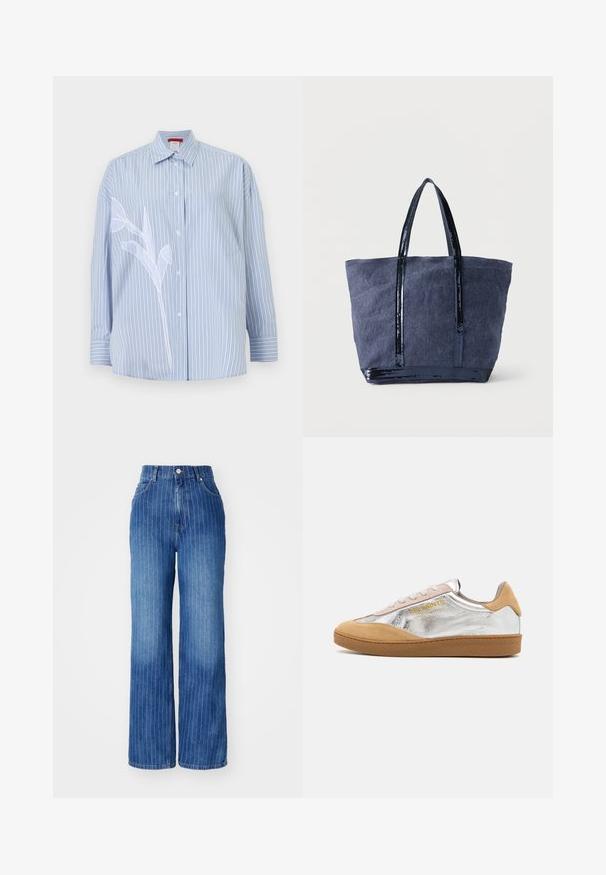 Lichtblauw overhemd met dunne verticale strepen en witte bloemrijke borduursels aan de linkerkant, voorzien van een borstzak en lange mouwen.; Blauwe denim wijde broek met verticale witte strepen, hoge taille en vijf-pocket ontwerp, voorzien van een knoop- en ritsluiting.; Zilveren en tan suède sneakers met een gestructureerde rubberen zool, beige veters en een gele logo-print aan de zijkant.; Navy blauwe stoffen draagtas met glanzende zwarte paillettenaccenten en twee stevige handvatten. Het ontwerp is ruim en rechthoekig.