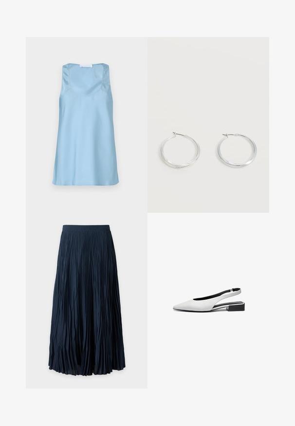 Lichtblauw satijnen tanktop met een ronde hals en brede schouderbanden, met een gladde textuur en een rechte zoom.; Marineblauwe geplooide midi-rok met elastische tailleband en gelijkmatig verdeelde verticale plooien van taille tot zoom.; Witte leren slingback platte schoenen met een puntige neus, open ontwerp bij de hak en een lage zwarte blokhak. Glad textuur, minimale accenten.; Zilverkleurige metalen creolen oorbellen met een glad, licht gebogen oppervlak en sluitingen met haaksluiting op een effen witte achtergrond.