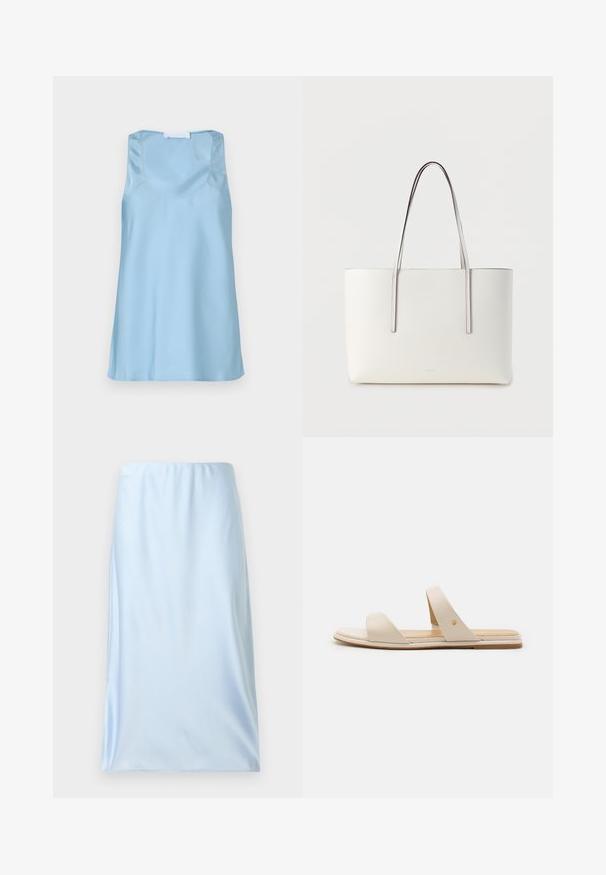 Light blue satin tank top with a scoop neckline and wide shoulder straps, featuring smooth texture and a straight hem.; Light blue midi skirt made of smooth, lightweight fabric. Features a simple design with no visible patterns or hardware.; Beige flat sandals with two wide straps, one featuring a gold accent. Smooth leather material and a minimalistic design.; White tote bag with long, slender handles. Made of smooth material, featuring a minimalist design and subtle stitching details.
