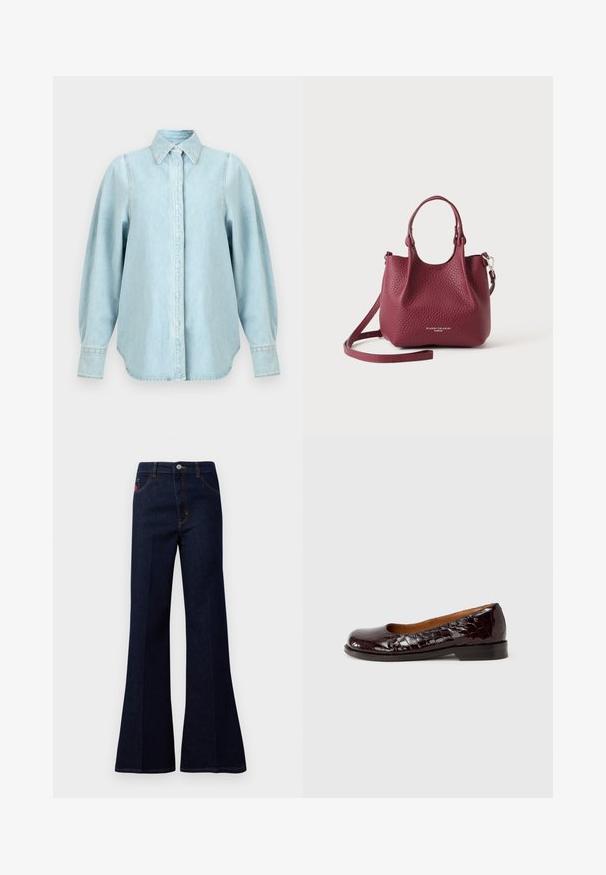 Lyseblå denimskjorte med lange puffede ærmer, spids krave, knappede manchetter og skjult knaplukning foran.; Mørkeblå højtaljede flagrende jeans med frontknap, lynlås, sidelommer og baglommer samt kontrastsyning.; Bordeaux laklæder balletsko med rund tå, tekstureret krokodillemønster og en lav sort hæl. Glat inderfor.; Lille mørkerød tekstureret lædertaske med korte håndtag og en aftagelig lang rem, præget logo foran.