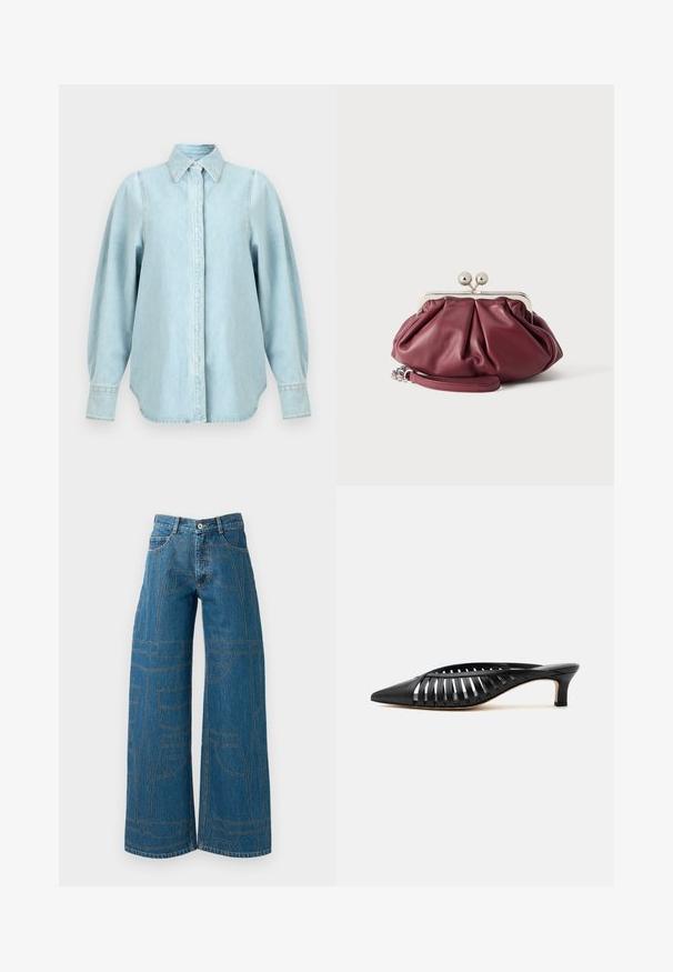 Camisa vaquera azul claro con mangas largas abullonadas, cuello puntiagudo, puños con botones y tapeta de botones frontal oculta.; Vaqueros de pierna ancha en denim azul medio con patrones de costura en contraste y múltiples diseños de bolsillos. Cintura alta con cierre de botón.; Zapato mule de cuero negro con punta afilada, diseño de tiras con recortes y tacón bajo tipo kitten sobre fondo blanco.; Pequeño bolso de mano de cuero burdeos con cierre metálico plateado y correa de muñeca sobre fondo blanco.