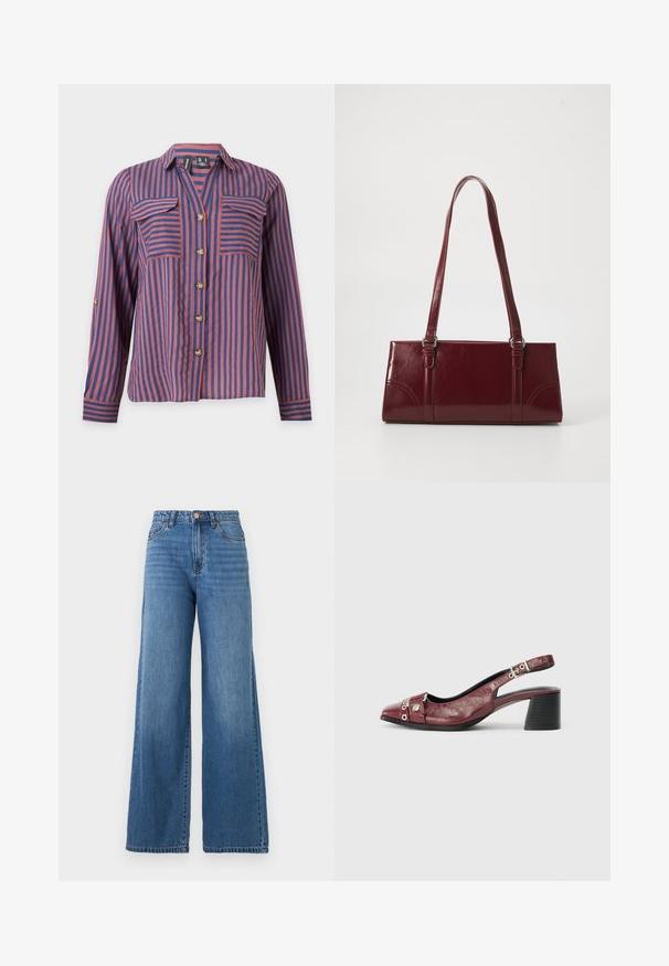 Chemise à manches longues boutonnée avec des rayures verticales bleues et rouges et deux poches poitrine à rabats.; Jean bleu taille haute à jambe large avec poches avant, passants pour ceinture, fermeture à bouton et braguette zippée.; Chaussure slingback en cuir bordeaux avec un bout arrondi, un design incurvé, des accents en métal argenté et un talon bloc. Finition texturée.; Sac à main bordeaux en matériau brillant, de forme rectangulaire, avec deux anses et des accents légèrement courbés à l'avant.