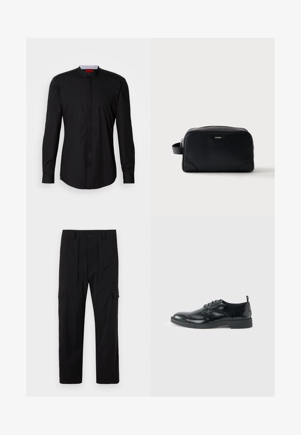 Camisa negra de manga larga con cuello mandarín, confeccionada en una tela suave, con cierre de botones en la parte delantera y detalles de diseño sutiles.; Pantalones cargo negros hechos de tejido ligero, con un diseño de pierna recta, pliegues delanteros, bolsillos laterales y cierre de botón.; Zapato de vestir negro de cuero brillante con tacón bajo, cierre de cordones y puntera redonda, mostrado de lado sobre un fondo claro y liso.; HUGO Neceser - black