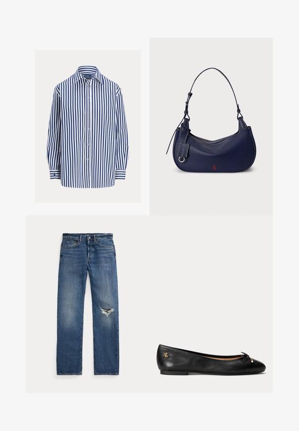 Sinine-valge triibuline pika varrukaga särk, nööpidega ees, üks tasku, pehme kangas, lõdvestunud lõige, mansetid triipudega.; Sinine denim-püksid keskmise talje kõrgusega, viie taskuga ja kulunud rebendiga paremas põlves.; Mustast nahast baleriin kingad väikese paela ja kuldse logoga kanna peal, lame tallaga ja ümarate varvastestikuga.; Tumesinise nahast hobo-kott kõveriku kujuga, tekstureeritud viimistlusega, reguleeritava õlarihmaga ja ühelt poolt väikese punase logoga.