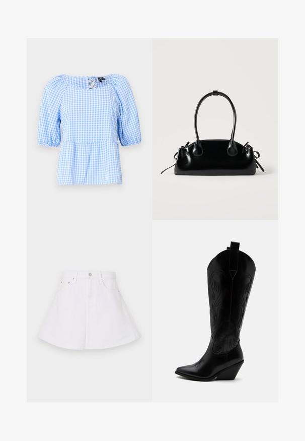 Blouse à carreaux vichy bleu et blanc, dotée d'un encolure froncée et de manches courtes bouffantes, avec un ourlet peplum et un détail de dos en trou de serrure.; Jupe en denim blanc au design évasé, avec une taille ajustée, cinq poches et une fermeture à bouton à l'avant. Texture lisse.; Botte de cowboy en cuir noir avec bout pointu, talon bloc incliné, couture décorative et languettes en haut sur fond blanc.; Petit sac à main noir brillant avec deux longues anses et des détails à cordon sur les côtés sur un fond clair uni.