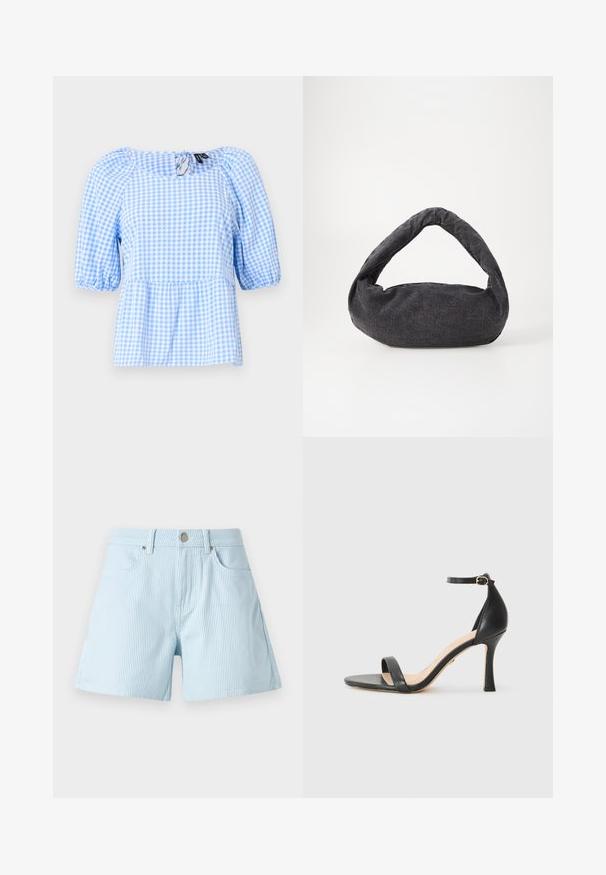 Blouse à carreaux vichy bleu et blanc, dotée d'un encolure froncée et de manches courtes bouffantes, avec un ourlet peplum et un détail de dos en trou de serrure.; Shorts rayés bleu clair avec taille haute, poches avant et fermeture à bouton métallique. Le tissu présente une texture douce et une coupe ajustée.; Sandale à talons hauts en cuir noir avec une fine bride de cheville, bout ouvert et un talon élégant et courbé. Semelle texturée et design minimaliste.; Sac en tissu gris foncé avec une anse courbée, texture douce et forme arrondie. Pas de matériel ou d'embellissements visibles.
