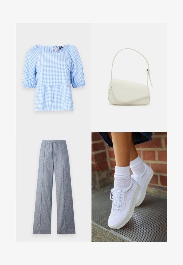 Blouse à carreaux vichy bleu et blanc, dotée d'un encolure froncée et de manches courtes bouffantes, avec un ourlet peplum et un détail de dos en trou de serrure.; Pantalons larges en tissu bleu clair avec une texture subtile, dotés d'une taille élastiquée et d'un cordon de serrage pour l'ajustement.; Baskets en toile blanches avec semelles en caoutchouc, dotées de six œillets, d'un bout rond et de détails de couture légers, portées avec des chaussettes blanches mi-mollet.; Sac à main en cuir synthétique blanc avec une forme triangulaire structurée, une bandoulière unique réglable et un rabat à courbes accentuées.