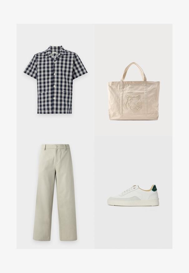 Lühikese varrukaga särk tumesinises ja valges ruudulises mustris, valminud pehmest kangast, nuppude eest ja kahe esiseguga taskuga.; Han Kjøbenhavn WIDE LEG - Püksid - light grey; Valged tennisjalanõud, millel on sametised aktsendid, ümar varvas, lame nöörid ja kreemjas kummine põhja. Hästi nähtav roheline bränding kannal.; Beeži värvusega lõuendist kandekott topeltkäepidemetega ja esitaskul reljeefse hundi pea kujutisega.
