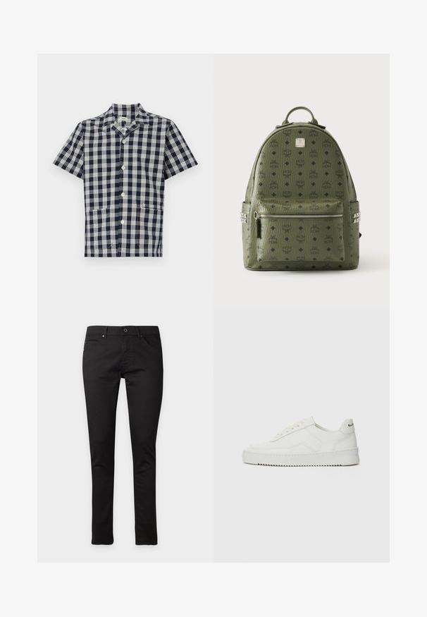 Kortærmet skjorte i marineblå og hvid ternet mønster, lavet af blødt stof, med knaplukning foran og to frontlommer.; Slim fit sorte jeans med knap- og lynlås-lukning, for- og baglommer, vist fladt på hvid baggrund.; Hvide lædersneakers med en glat overflade, rund tå, flade snørebånd og en tekstureret sål. Har et diskret logo på hælen.; Grøn tekstureret læderrygsæk med sort MCM logo mønster, front lynlås lomme, top håndtag og sølv nitter på sidestropperne.