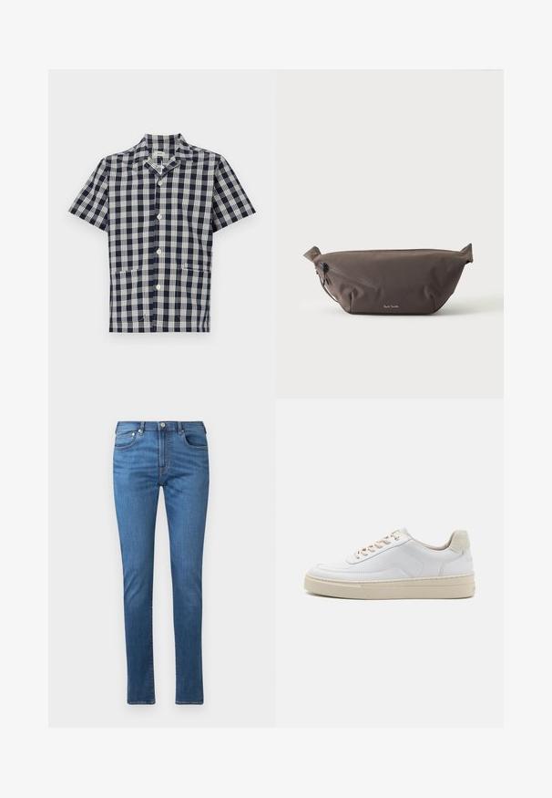 Korte mouw shirt in marineblauw en wit geruit patroon, gemaakt van zachte stof, met een knoopsluiting aan de voorkant en twee borstzakken.; Blauwe spijkerbroeken met een rechte snit, vijf zakken en een knoopsluiting. De stof heeft een gladde textuur en subtiele vervagingdetails.; Witte sneaker met een gevoerd leren bovenwerk, beige veters en een gestructureerde beige suede hieltab. Verhoogde zool voor extra hoogte.; Donkerbruine stoffen heuptas met diagonale ritssluiting en klein wit logo aan de voorkant, tegen een effen lichte achtergrond.