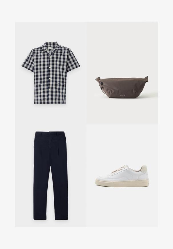 Camisa de manga corta en patrón a cuadros azul marino y blanco, fabricada con tejido suave, con cierre de botones al frente y dos bolsillos delanteros.; Pantalones azul marino hechos de una tela ligera que cuentan con un frente plano, dos pliegues y un cierre de botón estándar en la cintura.; Zapatilla blanca con parte superior de cuero suave, cordones beige y un tirador de talón de ante beige texturizado. Suela elevada para mayor altura.; Riñonera de tela marrón oscuro con bolsillo diagonal con cremallera y pequeño logo blanco en el frontal, sobre un fondo liso y claro.