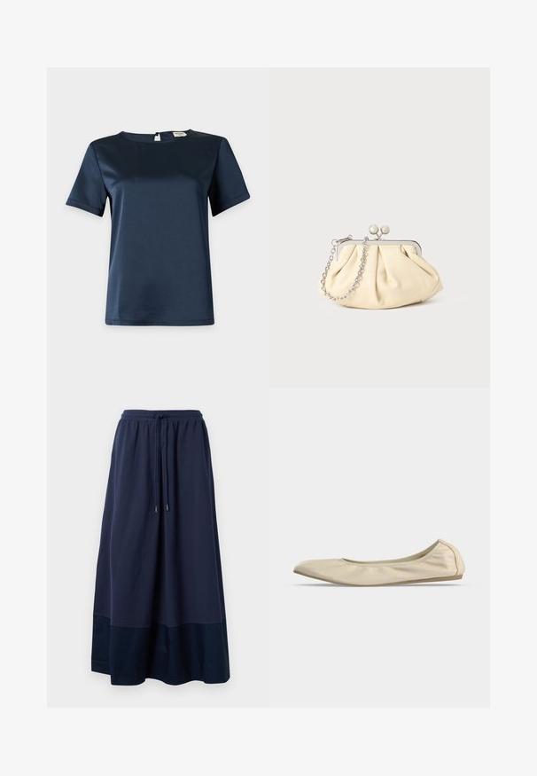 Marineblauwe satijnen blouse met korte mouwen, ronde halslijn en knoopsluiting aan de achterkant op een effen lichte achtergrond.; Navyblauwe maxi rok van zachte stof, met een elastische tailleband en een trekkoord, en een donkerdere blauwe paneel aan de zoom.; Beige zachte leren ballerina met afgeronde neus, laag uitgesneden zijprofiel en slanke rubberen zool op een effen witte achtergrond.; Geplooide beige leren clutch met een zilveren metalen frame, voorzien van twee ronde decoratieve sluitingen en een zilveren kettingriem.