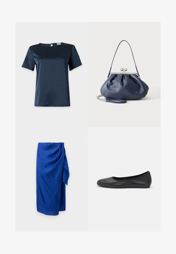 Blouse en satin bleu marine à manches courtes avec encolure ronde et fermeture boutonnée au dos sur fond clair uni.; Jupe midi bleue avec un détail de nouage drapé sur le côté et un tissu lisse et fluide, présentée sur un fond uni.; Ballerines en cuir noir avec un bout rond, texture lisse, détails de couture minimalistes et design de semelle flexible.; Sac à main en cuir bleu marine doux avec fermeture à boucle argentée, une seule bandoulière, et une chaîne de poignet amovible sur fond blanc.