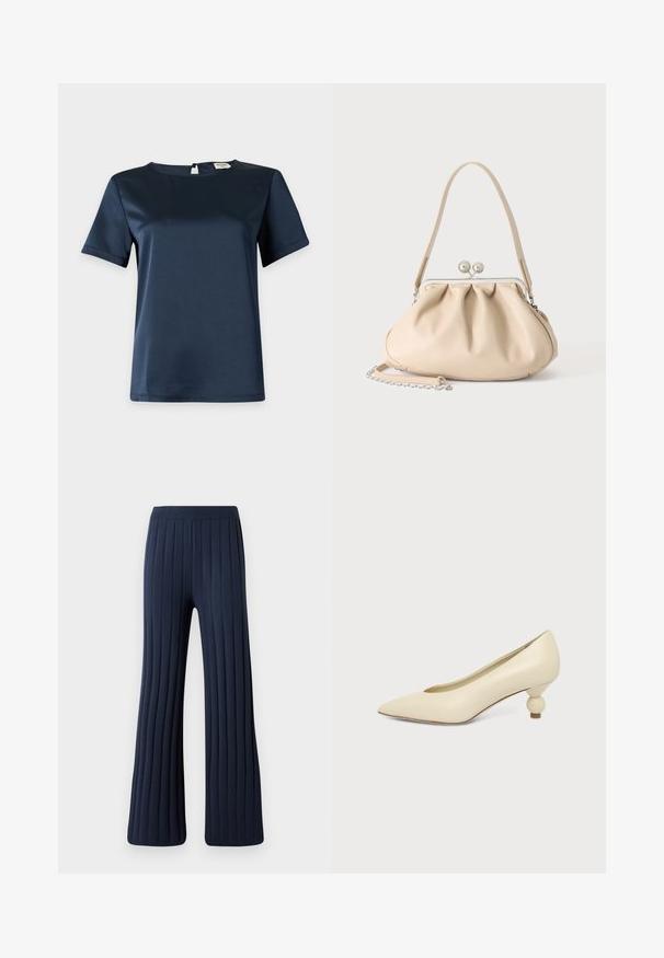 Blouse en satin bleu marine à manches courtes avec encolure ronde et fermeture boutonnée au dos sur fond clair uni.; Pantalons larges navy avec texture côtelée verticale, taille élastique et ourlet évasé. Fabriqués en tissu doux et confortable.; Chaussure femme couleur crème à bout pointu avec un petit talon rond en forme de boule, sur fond uni.; Sac à main en cuir souple beige avec un fermoir en métal argenté, une bandoulière simple et une bandoulière chaîne optionnelle sur fond blanc.