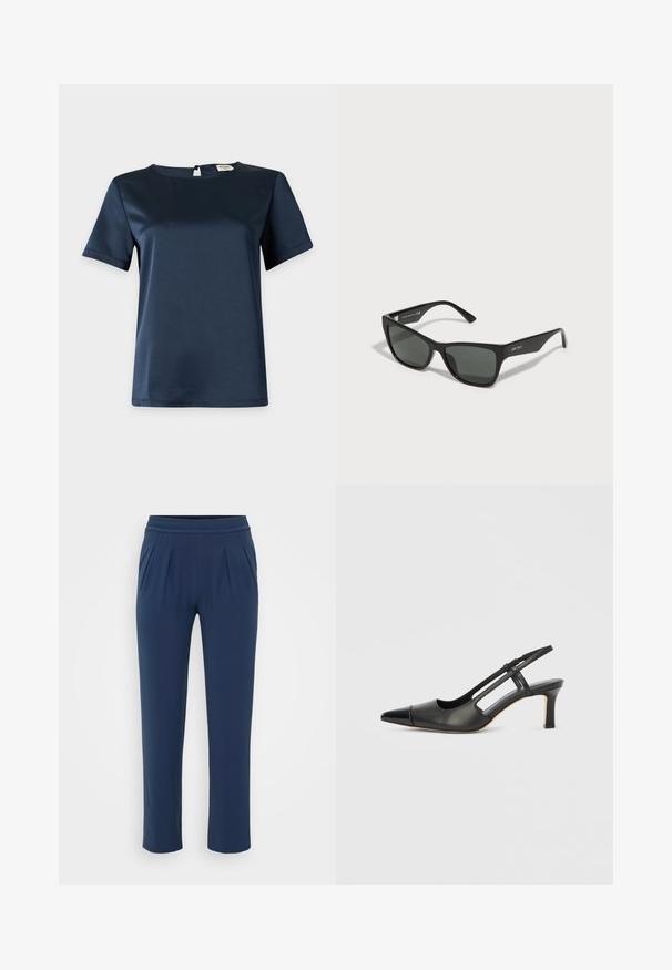 Marineblauwe satijnen blouse met korte mouwen, ronde halslijn en knoopsluiting aan de achterkant op een effen lichte achtergrond.; Donkerblauwe hoge taillebroek met een elastische tailleband, rechte wijde pijpen en zijzakken, gepresenteerd tegen een effen achtergrond.; Zwarte leren slingback schoen met een puntige neus, voorzien van een glanzend detail op de neuskap en een hak van gemiddelde hoogte. Open zijkant ontwerp.; Zwarte rechthoekige zonnebril met donkere lenzen, slank kunststof frame en een minimalistisch ontwerp. Bevat subtiele branding op de stijl.