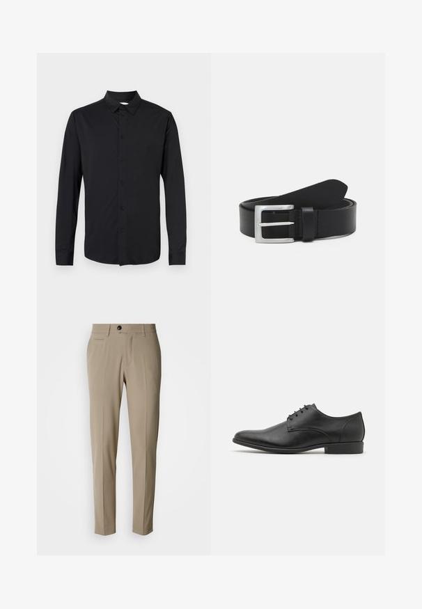 Chemise noire à manches longues avec col, boutons sur le devant, et tissu lisse à finition mate. Aucun motif ni accent visible.; Pantalons beige sur mesure avec un devant plat, des poches latérales, des passants pour ceinture et une fermeture à un seul bouton noir. Texture de tissu lisse.; Chaussure habillée en cuir noir avec une finition lisse, un talon bas, un bout rond et six œillets pour les lacets. Design minimaliste.; Ceinture en cuir noir avec une texture lisse, boucle rectangulaire en argent et une boucle pour l'extrémité. Présente des coutures soignées le long des bords.