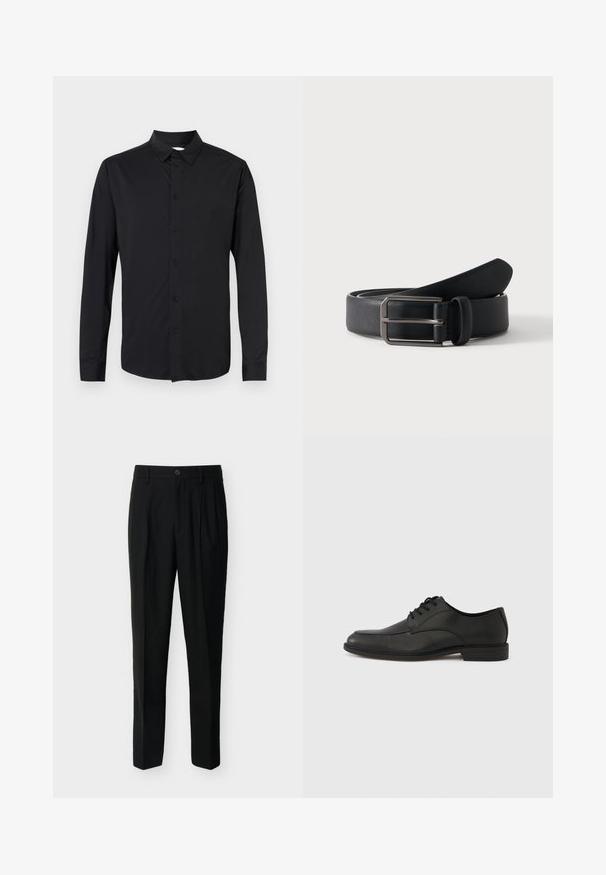 Chemise noire à manches longues avec col, boutons sur le devant, et tissu lisse à finition mate. Aucun motif ni accent visible.; Pantalon noir taille haute, ajusté, avec passants de ceinture, plis à l'avant, poches latérales et fermeture boutonnée avec zip.; Chaussure noire en cuir à lacets avec une finition lisse, un bout arrondi et un petit talon en caoutchouc. Présente des détails de couture subtils sur la tige.; Ceinture en cuir noir roulée avec une boucle métallique argentée rectangulaire sur un fond clair uni.