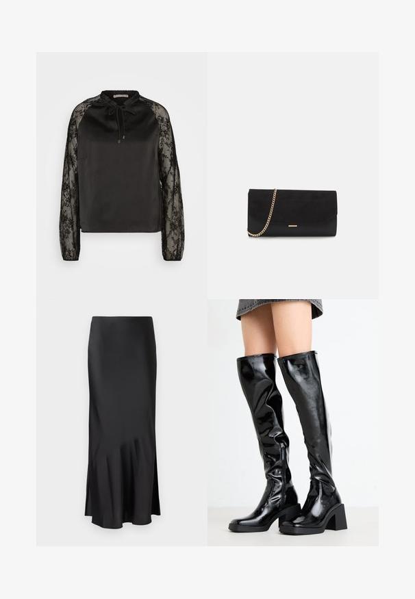 Anna Field by Zalando Bluse - black; Sort satin midi-skirt med et elegant design, der har en let flared kant og en sideslids for nem bevægelse. Glat tekstur.; Sorte, glansende støvler til knæene med en firkantet tå og kraftig hæl. Har en sidelukning med lynlås og et tætsiddende, struktureret design.; Sort clutch taske lavet af ruskind med en struktureret overflade, udstyret med en guld kædestrop og et elegant, kantet design.