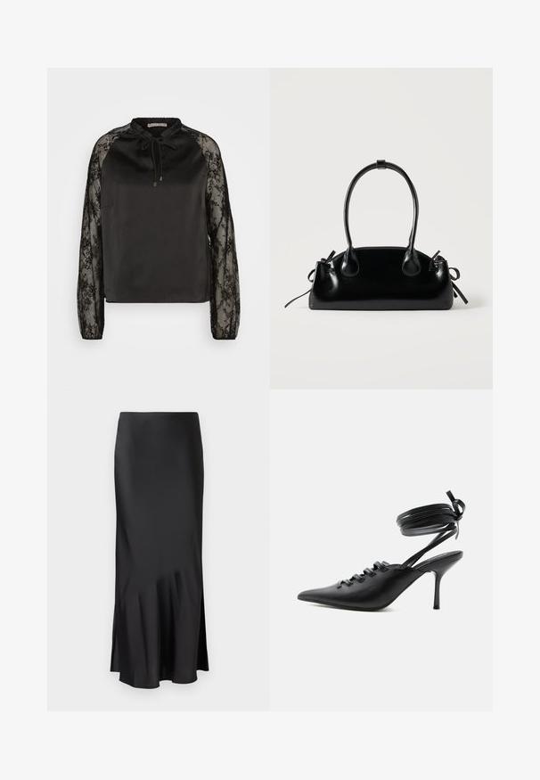 Anna Field by Zalando Bluse - black; Sort satin midi-skirt med et elegant design, der har en let flared kant og en sideslids for nem bevægelse. Glat tekstur.; Sort spids sko med høje hæle, snørelukning foran og omlægning omkring anklerne bundet med sløjfe, vist fra siden på hvid baggrund.; Lille sort blank håndtaske med to lange håndtag og snøre-detaljer i siden på en ensfarvet lys baggrund.