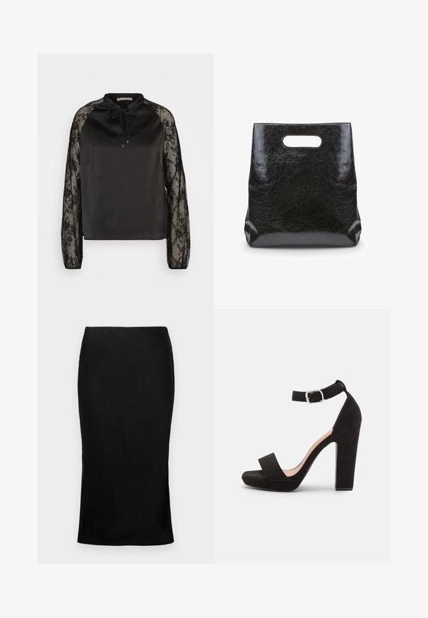 Anna Field Blouse - black; Zwarte, aansluitende midi-rok met een zachte textuur, zijsplitdetail en een klassieke tailleband. Ontworpen voor een elegante silhoutte.; Anna Field Sandalen - black; Zwarte, gestructureerde draagtas met een gekreukte afwerking en een uitsnede als handvat. Heeft een rechthoekige vorm met een platte bodem voor stabiliteit.