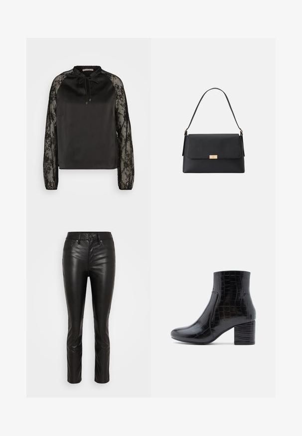Anna Field by Zalando Blouse - black; Zwarte leren broek met een slim fit ontwerp. Voorzien van een ritssluiting en knoopsluiting, vijfzakkenstijl en een gladde, glanzende textuur.; Zwarte enkellaars gemaakt van glanzend krokodillenprintleer. Voorzien van een ronde neus en een dikke blokhak. Gladde textuur en slank ontwerp.; Zwarte handtas van gestructureerd materiaal met een stevige vorm. Beschikt over een klep sluiting, een goudkleurige hardware accent en een enkele handgreep.