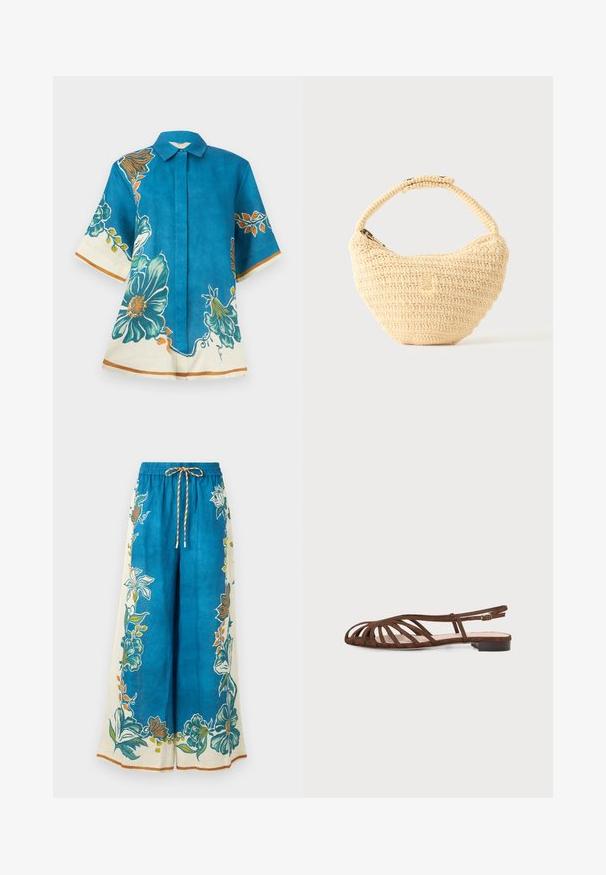 Blouse bleu à manches courtes avec de grands imprimés floraux bleu sarcelle et orange, bordures crème aux manches et à l'ourlet, devant boutonné et col pointu.; Pantalon large bleu avec des motifs floraux de bordure en vert, orange et blanc, doté d'une taille élastique et d'un cordon de serrage rayé.; Sandale plate marron avec plusieurs fines lanières et une petite boucle à la cheville sur un fond clair.; Sac à main beige tissé avec corps arrondi, fermeture éclair et une sangle courte et épaisse dans un style crochet simple et texturé.