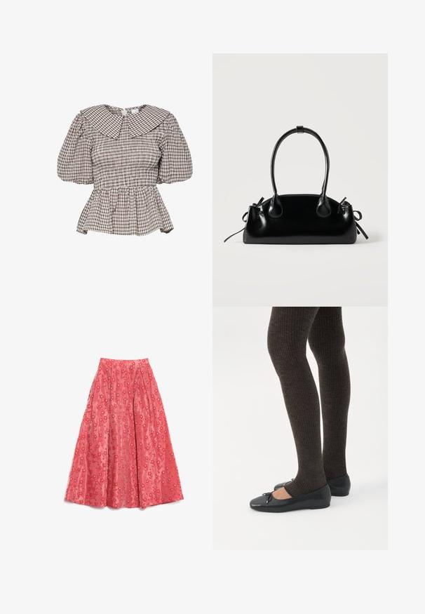 Top peplum con smock y un gran cuello. Confeccionado con una tela de patrón a cuadros en tonos apagados. Mangas abullonadas y detalles fruncidos.; Falda maxi de coral fluida, hecha de un tejido texturizado, con un patrón floral y pequeños acentos blancos, y pliegues para añadir volumen.; Piernas con leggings oscuros acanalados combinados con bailarinas negras que presentan pequeños detalles de lazo sobre un fondo blanco.; Pequeño bolso negro brillante con dos asas largas y detalles de cordón lateral sobre un fondo claro liso.