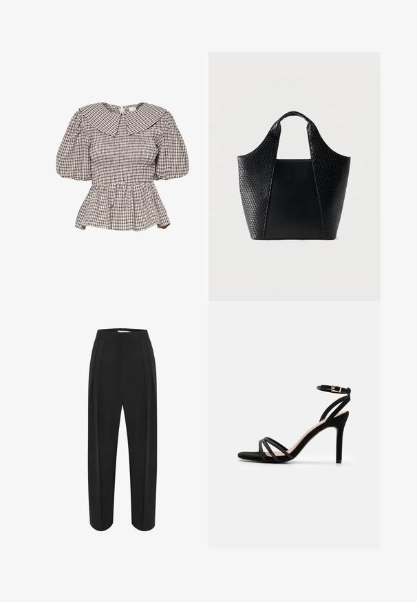 Zaväzovaný peplum top s veľkým golierom. Vyrobený z látky s kockovaným vzorom v tlmených tónoch. Puffové rukávy a nariasené detaily.; Čierne široké nohavice s vysokým pásom, s hladkou textúrou a dvoma prednými záhybmi. Navrhnuté s čistým, strihaným strihom.; Anna Field Sandále - black; Čierna taška na rameno s hladkými a tkanými koženými panelmi, krátkymi rúčkami a širokým obdĺžnikovým základom, zobrazená na jednofarebnom svetlom pozadí.