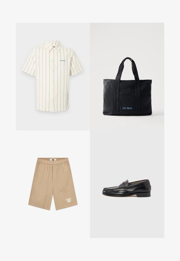 Chemise blanche à manches courtes avec boutons, à fines rayures verticales noires et petit texte vert sur le haut gauche de la poitrine.; Shorts beiges en tissu léger avec une taille élastique, des poches latérales et un accent logo blanc sur la jambe inférieure gauche.; Mocassins en cuir noir avec un design de style mocassin, présentant une bande décorative et un détail de couture sur le dessus. Talon bloc bas.; Sac cabas en toile noire avec deux anses, poche avant et "LES DEUX" brodé en bleu sur la poche avant.
