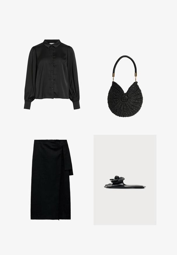 Sort satin bluse med lange ærmer, frontknapper, spidse krave, sammenrullede skuldre og manchetter.; Sort omslagsnederdel lavet af tekstureret stof med knyttet talje, lige silhuet og en let frynset kant. Ingen synlige mønstre eller accenter.; Sort, flad sandal med en stor blomsterdetalje på remmen, vist fra siden mod en ensfarvet hvid baggrund.; Sort vævet rund håndtaske med fletteagtigt mønster og kort sort flettet hank fastgjort med guldfarvet beslag.