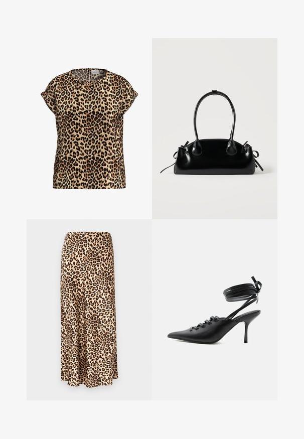 Top de estampado de leopardo, con mangas cortas y escote redondo, hecho de una tela sedosa; presenta un fondo beige con manchas negras y marrones.; Falda larga de estampado de leopardo hecha de tejido suave. Base marrón clara con manchas negras y marrones. Diseño acampanado con dobladillo recto.; Zapato de tacón alto negro con punta puntiaguda, con cordones en la parte delantera y correas que rodean el tobillo atadas con un lazo, mostrado de lado sobre un fondo blanco.; Pequeño bolso negro brillante con dos asas largas y detalles de cordón lateral sobre un fondo claro liso.
