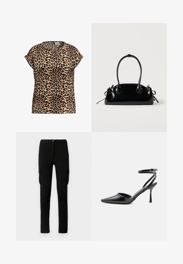 Leopardprint top, korte mouwen, ronde hals, gemaakt van een zijdezachte stof; heeft een tan achtergrond met zwarte en bruine vlekken.; Zwarte cargobroek met een slim fit, voorzien van zijzakken, een knoopsluiting en een gladde, licht gestructureerde stof.; Zwarte pumps met puntige neus, dunne enkelbandjes en een zilveren gesp op een effen lichte achtergrond.; Kleine zwarte glanzende handtas met twee lange hengsels en zijkant trekkoord details op een effen lichte achtergrond.