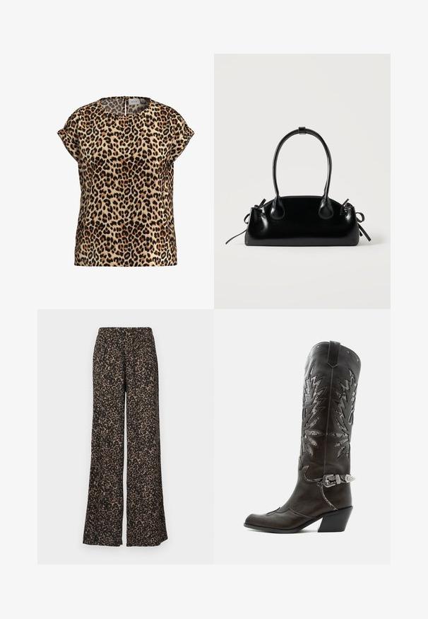Top med leopardprint, korte ærmer, rund halsudskæring, lavet af silkeagtigt stof; har en lys brun baggrund med sorte og brune pletter.; Bukser med vide ben med leopardprint i jordfarver af brun og sort, lavet af et blødt, let stof med en elastisk talje.; Sort læder cowboystøvle med dekorative udskæringer, sølvspænde og skrå hæl, vist på hvid baggrund.; Lille sort blank håndtaske med to lange håndtag og snøre-detaljer i siden på en ensfarvet lys baggrund.