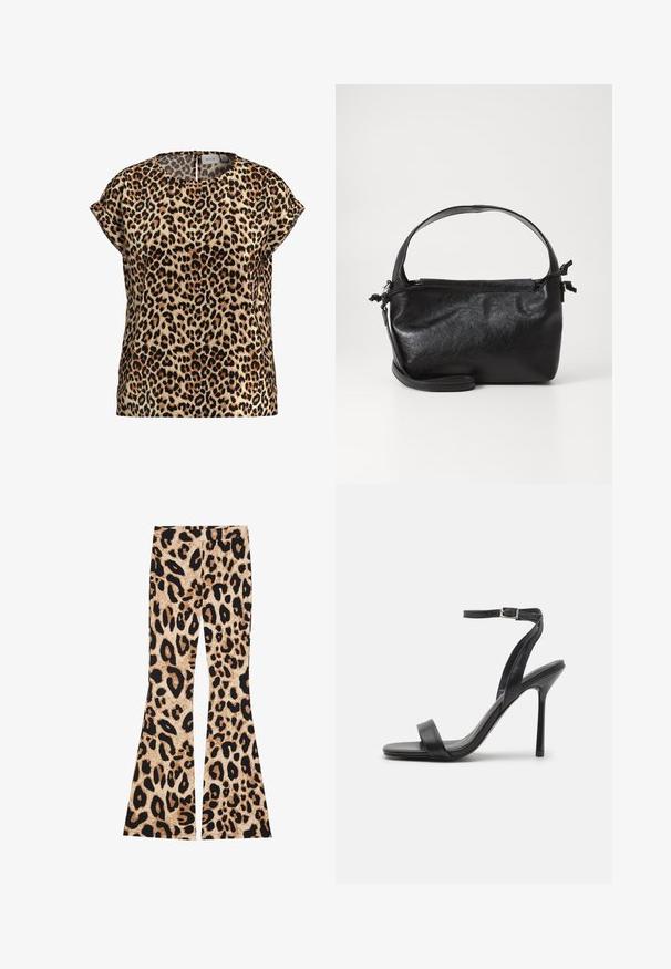 Top med leopardprint, korte ærmer, rund halsudskæring, lavet af silkeagtigt stof; har en lys brun baggrund med sorte og brune pletter.; Leopardmønstrede buksers med flared ben, der har en ribbet tekstur, i beige og sorte farver med varierede pletmønstre i hele stoffet.; Sort højhælet sandal med en slank ankelrem og to forreste bånd. Lavet af glat læder med en slank spids tå og stilettohæl.; Sort læderhåndtaske med et struktureret design, rund tophåndtag og aftagelig skulderrem. Den har en glat tekstur og en subtil glans.