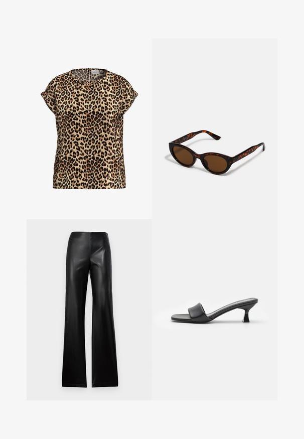 Top de estampado de leopardo, con mangas cortas y escote redondo, hecho de una tela sedosa; presenta un fondo beige con manchas negras y marrones.; Pantalones de cuero negro acampanados con una textura suave, que cuentan con una cinturilla alta y un diseño simple, ajustándose en la parte superior y ensanchándose hacia el dobladillo.; Mules negros con tacón, de parte superior de cuero mate y suave, puntera abierta, banda ancha en el empeine y tacón cuadrado y delgado.; Gafas de sol de carey marrón con una forma vintage de ojo de gato y lentes marrones. Presentan brazos curvados con acentos rojos.