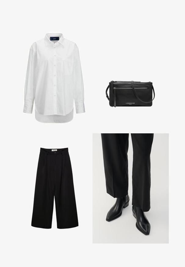 Weißes Langarmhemd aus glattem Baumwollstoff mit Button-Down-Kragen, Brusttasche und abgerundetem Saum. Verfügt über eine Schulterpasse für zusätzliche Struktur.; Schwarze Hosen mit weitem Bein und hoher Taille, mit vorderen Falten, zwei Seitentaschen und einem Knopfverschluss. Glatte Stoffstruktur.; Schwarze Leder-Ankle-Boots mit spitzer Zehe, glatter Textur und quadratischem Absatz. Kombiniert mit schwarzen, weiten Hosen, die eine elegante Silhouette erzeugen.; Schwarze Leder-Umhängetasche mit zwei Reißverschlussfächern, schlankem Design und verstellbarem Schulterriemen mit Quastenakzenten. Markenlogo sichtbar.