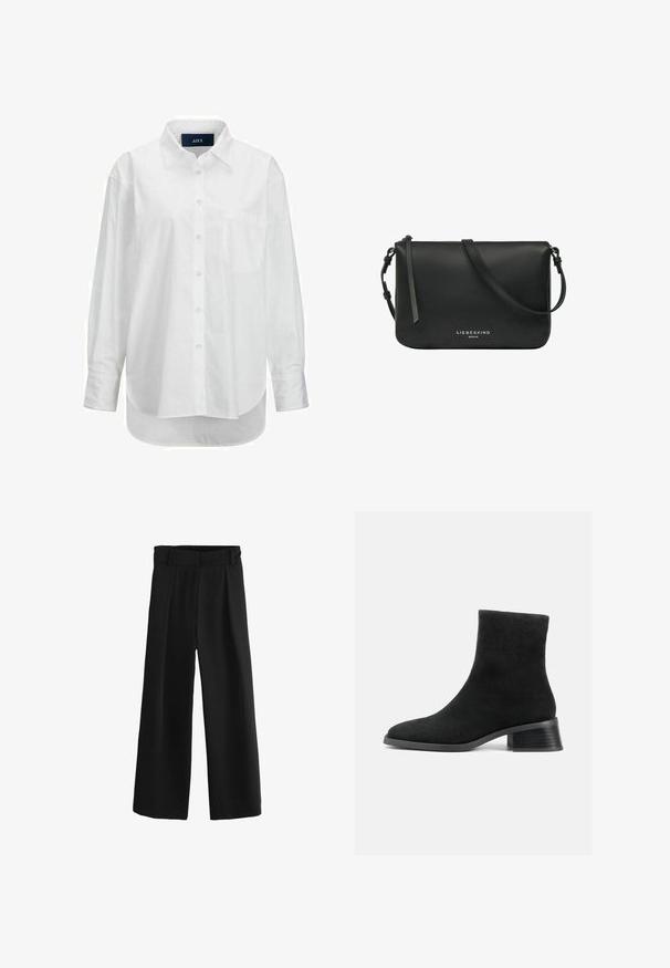 Witte lange mouwen shirt van glad katoen met een button-down kraag, voorzak en ronde zoom. Heeft een achterpand voor extra structuur.; Zwarte wijde broek met plooien aan de voorkant, elastische tailleband en gladde stof. Kenmerkt zich door een ontspannen pasvorm die tot de enkel valt.; Zwarte leren enkellaars met een ronde neus, korte schacht en een lage gestapelde hak. Glad oppervlak zonder zichtbare patronen of versieringen.; Zwarte leren crossbodytas met verstelbare band en ritssluiting, met het merk "Liebeskind Berlin" in witte tekst op de voorkant in het midden.