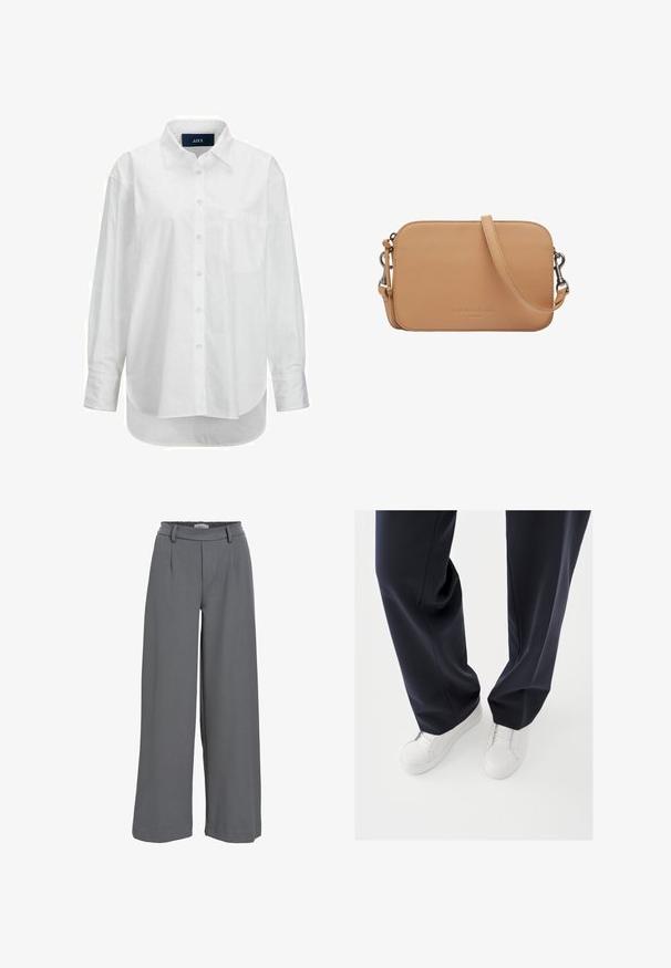 Chemise blanche à manches longues en coton doux avec un col boutonné, une poche à l'avant et un ourlet arrondi. Présente un empiècement au dos pour plus de structure.; Pantalons à jambe large en tissu gris clair, avec une taille froncée, des plis avant et une texture lisse et douce.; Baskets blanches avec semelles en caoutchouc texturées et lacets plats, associées à un pantalon bleu marine foncé affichant un tissu fluide et ample et une coupe ajustée.; Sac bandoulière rectangulaire en cuir beige avec bandoulière réglable et fermoirs argentés, embossé d'un petit nom de marque au centre avant.