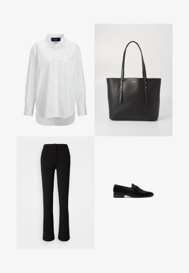 Camisa blanca de manga larga en algodón suave con cuello abotonado, bolsillo frontal y dobladillo curvado. Cuenta con un canesú en la parte posterior para mayor estructura.; Pantalones negros confeccionados en una tela suave, con un diseño de pierna recta, bolsillos frontales y una cintura estándar con un pasador para cinturón.; Mocasines de cuero negro con un tacón plano, que presentan una correa rectangular en el empeine y una superficie lisa y pulida.; Bolso tote de cuero negro con dos asas largas, diseño minimalista, cuerpo sin costuras, con sutil ferretería dorada y detalle del logo en relieve.