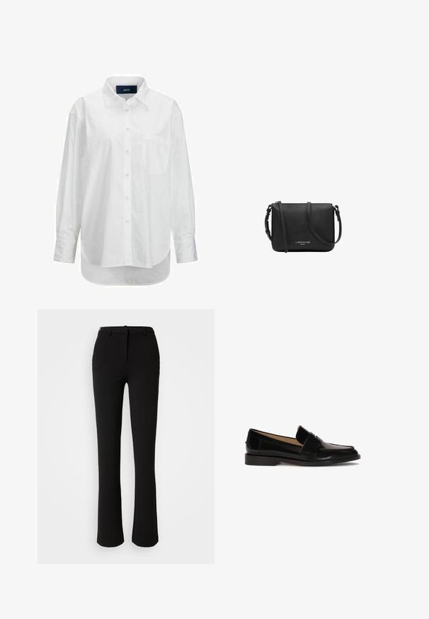 Witte lange mouwen shirt van glad katoen met een button-down kraag, voorzak en ronde zoom. Heeft een achterpand voor extra structuur.; Zwarte broek gemaakt van een gladde stof, met een recht model, voorzakken en een standaard tailleband met een riemlus.; Zwarte leren instappers met een gladde afwerking, ronde neus en een decoratief bandje over de voorkant. Ontwerp met lage blokhak.; Zwarte leren crossbodytas met verstelbare riem en zilveren rits, "Liebeskind Berlin"-logo in het midden aan de voorkant.