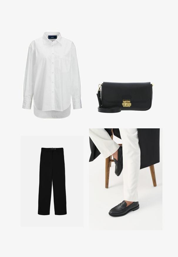 Camisa blanca de manga larga en algodón suave con cuello abotonado, bolsillo frontal y dobladillo curvado. Cuenta con un canesú en la parte posterior para mayor estructura.; Pantalones negros de corte recto con trabillas, cremallera frontal y bolsillos laterales, colocados planos sobre un fondo claro.; Persona con mocasines de cuero negro y pantalones blancos sentada en un taburete de madera contra un fondo blanco.; Bolso de hombro de cuero negro con superficie texturizada y cierre en tono dorado que presenta un diseño decorativo de "C" entrelazadas.