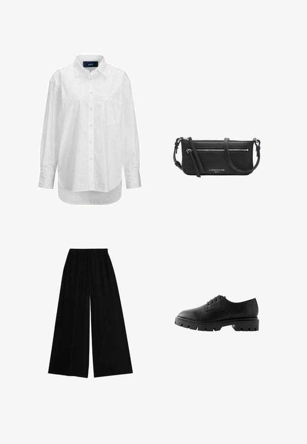 Camisa blanca de manga larga en algodón suave con cuello abotonado, bolsillo frontal y dobladillo curvado. Cuenta con un canesú en la parte posterior para mayor estructura.; Pantalones de pierna ancha negros con una cintura alta, hechos de una tela suave, que presentan pliegues planchados para aportar estructura y un ajuste a medida.; Zapato de cuero negro con puntera redondeada, seis ojales, cordones planos y una suela de goma gruesa con patrones de tracción profundos.; Bolso bandolera de cuero negro con bolsillo frontal con cremallera, correa ajustable y logotipo plateado "Liebeskind Berlin".
