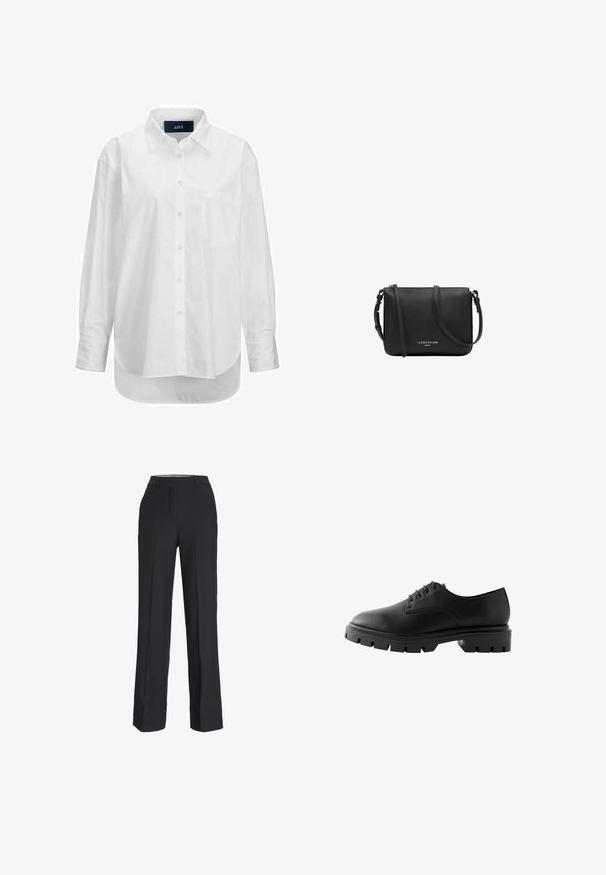 Camisa blanca de manga larga en algodón suave con cuello abotonado, bolsillo frontal y dobladillo curvado. Cuenta con un canesú en la parte posterior para mayor estructura.; Pantalones negros de cintura alta con corte recto. Fabricados en una tela suave, con pliegues delanteros y bolsillos laterales.; Zapato de cuero negro con puntera redondeada, seis ojales, cordones planos y una suela de goma gruesa con patrones de tracción profundos.; Bolso bandolera de cuero negro con correa ajustable y cremallera plateada, logo "Liebeskind Berlin" en el centro delantero.